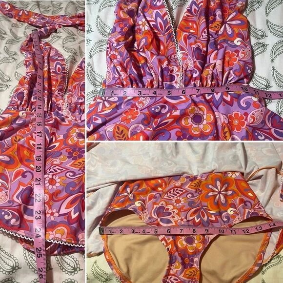 Unique Vintage Boho Floral Skirted Swimsuit Plunging Neckline Pink Orange S NWT - Picture 13 of 13